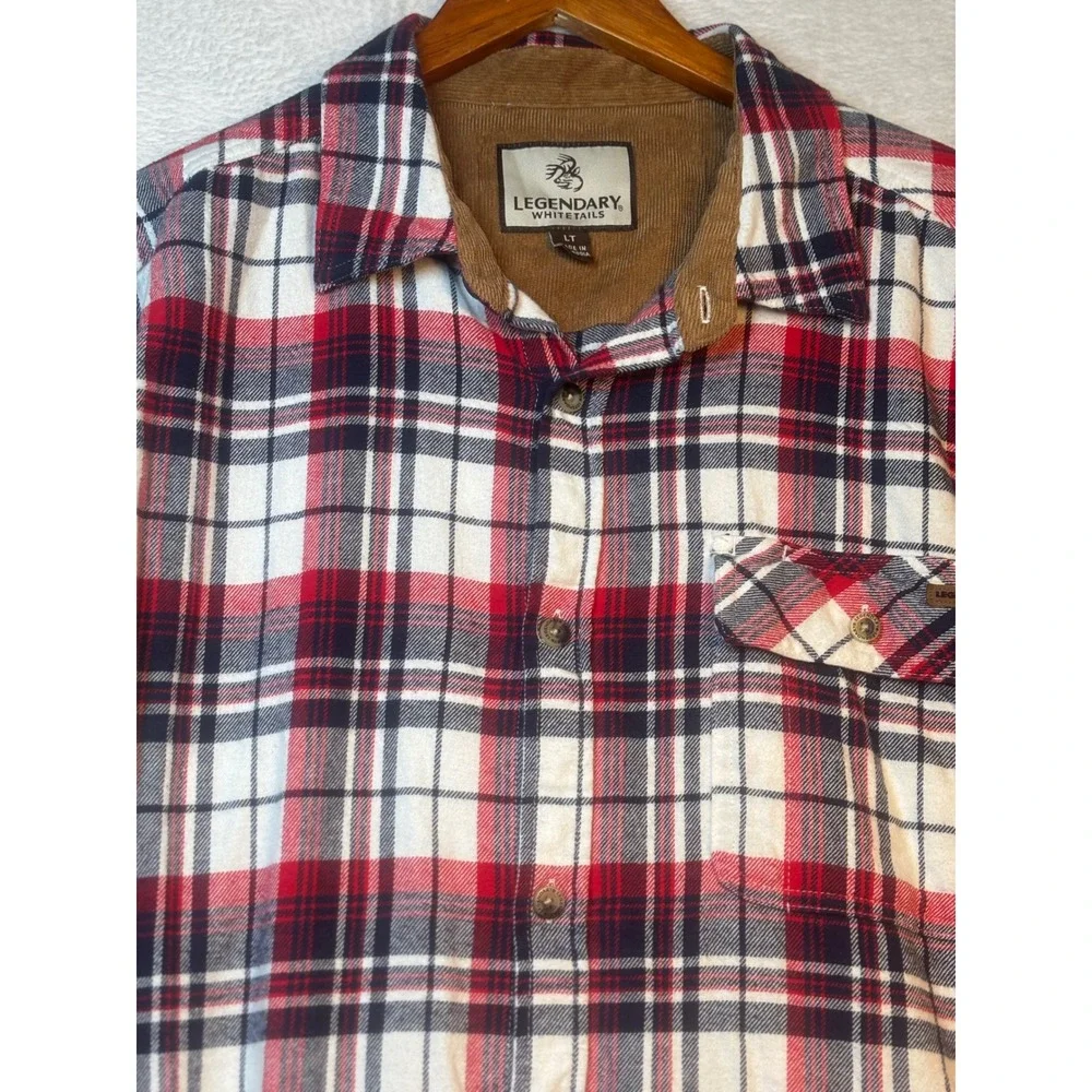 Legendary Whitetails Flannel Shirt LT Large Tall Red Blue Plaid Corduroy Collar - Picture 2 of 13